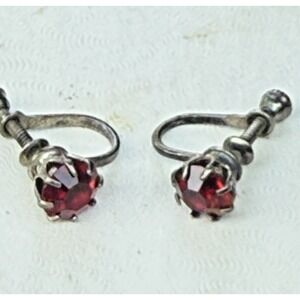 Sterling Silver Screw-Back Earrings – Red Rhinestone or Garnet Glass –‎ Marked